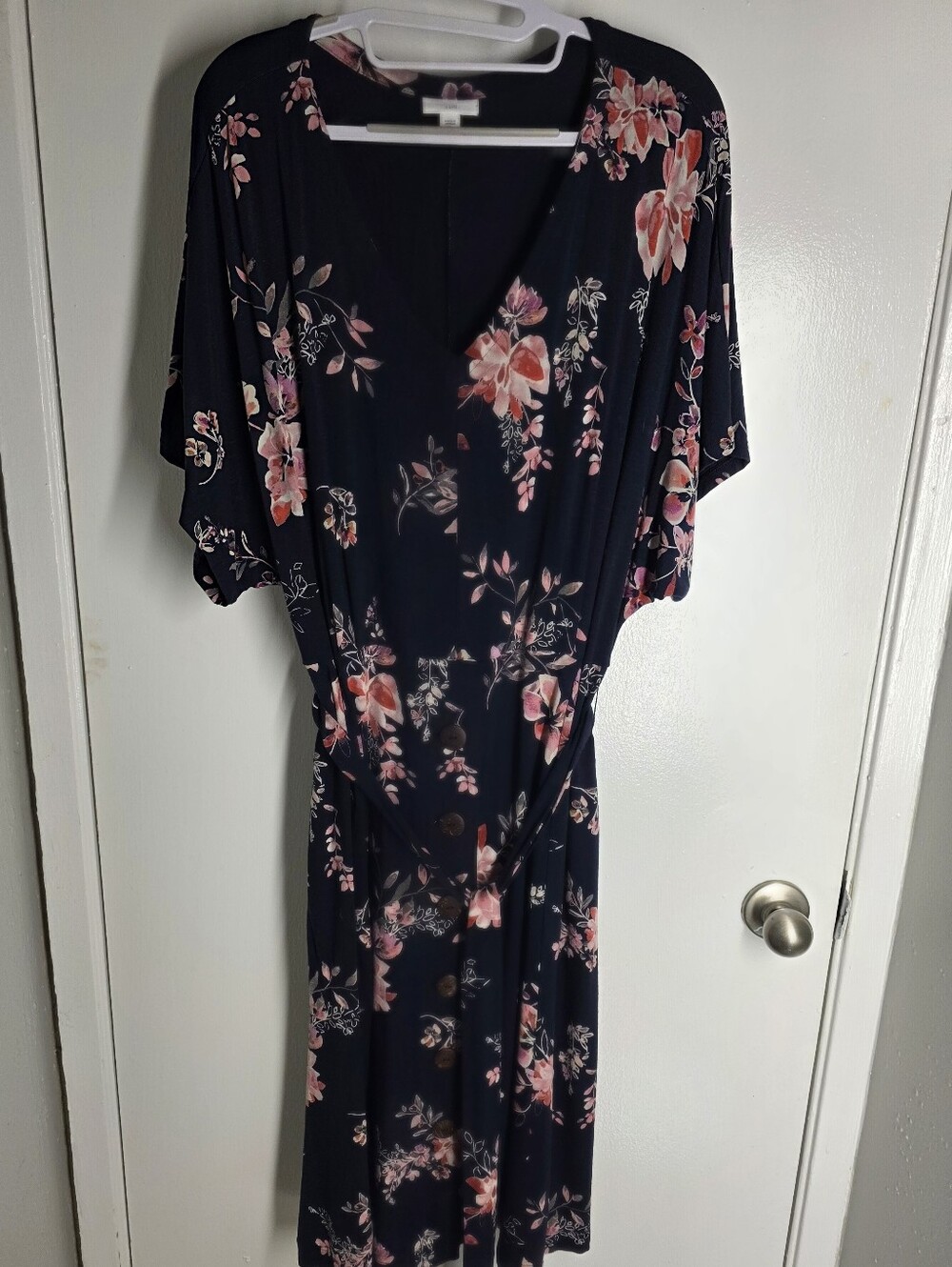 J Jill Women's Navy Floral Wrap Dress - Pink Floral Print